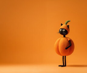 Halloween black cat in a costume shaped like a round orange pumpkin against orange background. Vibrant, charming, cute copy space backdrop.