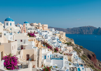 Beautiful seaside village in Santorini with white buildings and blue domes against a clear sky Generative AI
