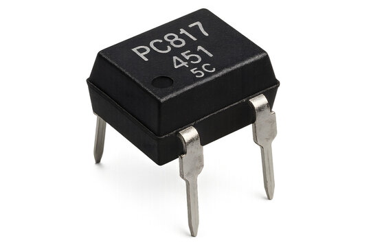 Macro close-up of pc817 optocoupler dip package with metal leads black plastic optoisolator ic chip for electrical and galvanic isolation in power supplies, automation, industrial control and circuit