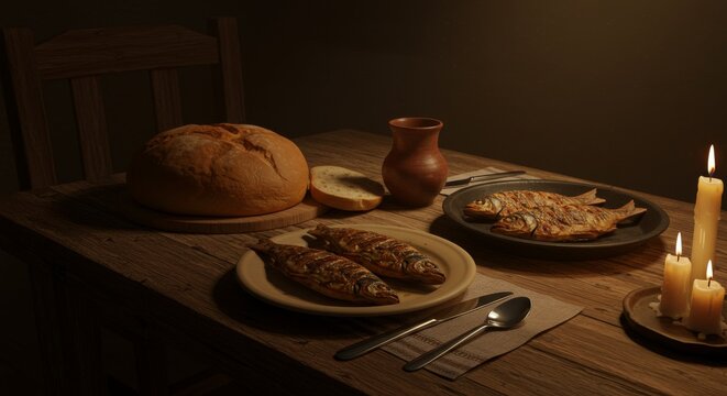Eastern Orthodox Nativity Fast, bread and fish on wooden table, candlelight