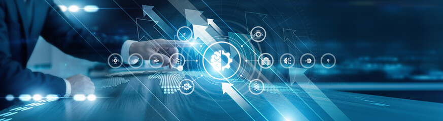 Data scientist touching icon and word machine learning on a global network neural networks predictive analytics algorithms cognitive systems automation innovation insights intelligence.