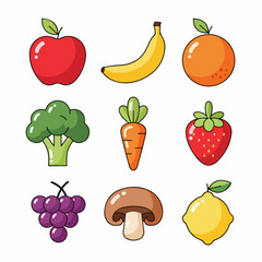 Colorful cartoon fruits and vegetables collection: apple, banana, orange, broccoli, carrot, strawberry, grapes, mushroom, lemon. Healthy food illustration in flat design on white background.