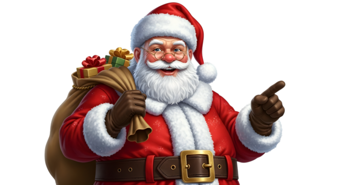 Santa claus pointing with a sack of gifts over his shoulder, isolated on transparent background