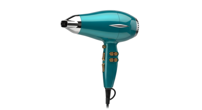 A professional teal hair dryer with a metallic finish, isolated on a transparent background, showcasing its sleek design and modern aesthetic, perfect for beauty and salon imagery