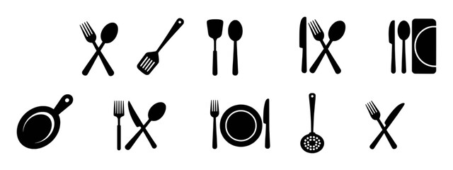 Collection of Black Silhouettes of Kitchen Utensils and Cutlery