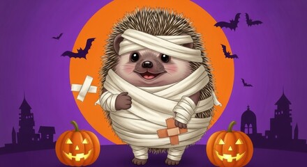 Adorable hedgehog dressed as a mummy, with bats and jack-o'-lanterns against a full moon on a vibrant purple Halloween-themed background.