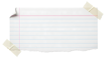 A torn piece of lined paper, taped to a transparent background with two pieces of tape, isolated on transparent background