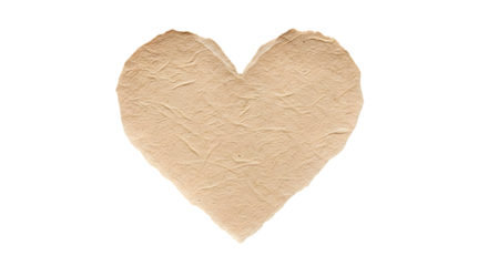 A textured, heartshaped object made of light brown, rough material, isolated on a pure transparent background, symbolizing love, care, and affection