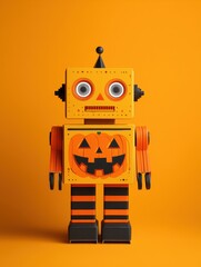 Orange Halloween robot toy with a square head and jack‑o’‑lantern torso against vibrant orange background. Playful festive, autumn backdrop