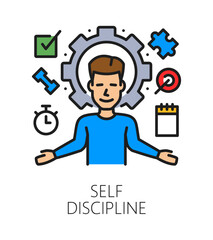 Self discipline life skill color line icon or pictogram. Personal life skill, personality self discipline ability vector sign. Time management icon with man character and daily tasks planning symbols