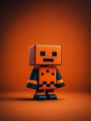 Cardboard character with a square orange jack‑o’‑lantern head set against vibrant orange gradient background. Halloween playful conceptual template