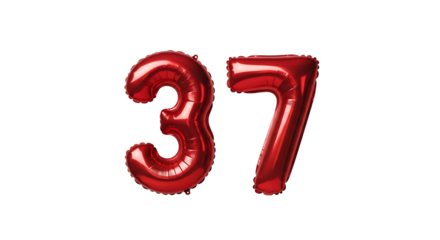 Bright Red Foil Balloon Number 37 on a Transparent Background, Perfect for Birthdays and Anniversaries