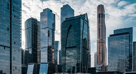 Modern glass skyscrapers in a city skyline under a cloudy sky cityscape modern architecture