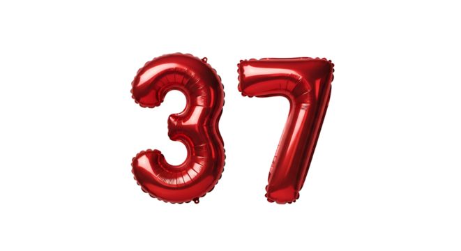 Bright Red Foil Balloon Number 37 on a Transparent Background, Perfect for Birthdays and Anniversaries - Powered by Adobe