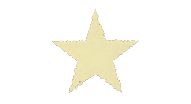 A single, light yellow, fivepointed star with a slightly distressed or textured edge, isolated on a pure transparent background, representing concepts of success, achievement, or a decorative element