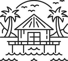 Beach house landscape thin line icon or emblem. Summer vacation landscape outline vector sign, tropical travel view symbol. Ocean beach nature scenery pictogram with vacation resort bungalow on shore
