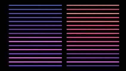 A graphic design featuring numerous horizontal neon lines of varying shades of pink, purple, and blue against a black background.