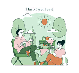 Enjoying a Plant-Based Picnic Outdoors Vector Illustration
