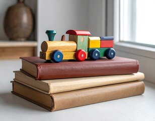 Wooden train toy on stacked books