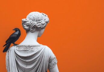 Classical female marble statue with a raven on her shoulder against vibrant orange background. Halloween conceptual copy space backdrop