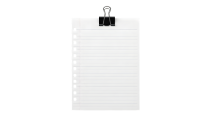 A blank sheet of lined paper held by a black binder clip, isolated on a transparent background, perfect for notes, reminders, or creative ideas