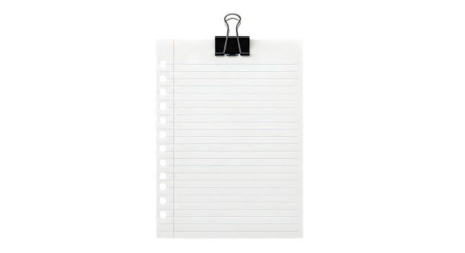 A blank sheet of lined paper held by a black binder clip, isolated on a transparent background, perfect for notes, reminders, or creative ideas