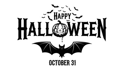 Spooky Halloween: Festive Halloween illustration featuring a carved pumpkin, bats, and the message Happy Halloween - a visual ode to the spooky season. 