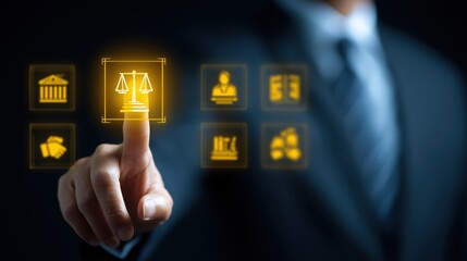 Business finger points to a luminous justice scales icon on a digital UI with buttons. Ideal for law, compliance, risk management, governance, and slides or websites about legal workflow.