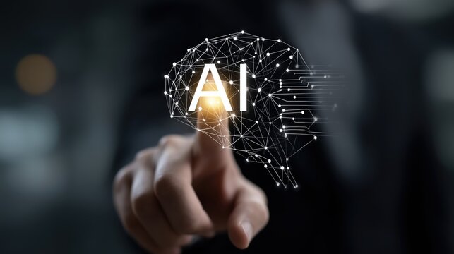 Business hand points to glowing AI letters inside a digital brain on a dark interface. Ideal for artificial intelligence, machine learning, automation, and slides or ads about innovation.
