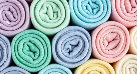 Overhead view of tightly rolled fabric swatches in various pastel colors forming a colorful pattern