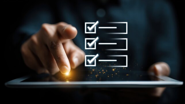 Close-up hand uses a tablet while glowing checklist boxes tick on a dark UI. Great for task management, onboarding, productivity tutorials, project workflows, audits, and business training.