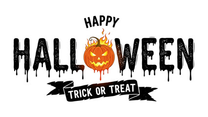 Fototapeta premium Happy Halloween Greeting: A vibrant and festive Happy Halloween greeting, featuring a carved pumpkin with fiery flames and the call to trick or treat.