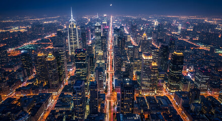Panoramic Nighttime Aerial View Of A Sprawling City Skyline With Illuminated Skyscrapers cityscape
