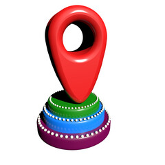 Red location pin on a colorful layered platform with lights