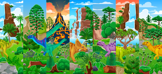 Prehistoric dinosaurs characters collage with volcano and waterfall nature landscape vector background. Cartoon jurassic dinosaur animals in prehistoric jungle forest, extinct dino reptiles characters © Vector Tradition