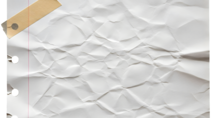 A crumpled piece of white paper with a torn tab and punched holes, isolated on a transparent background, showing texture and creases