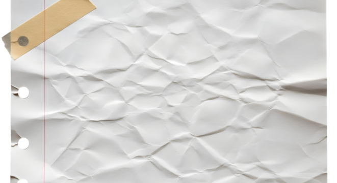 A crumpled piece of white paper with a torn tab and punched holes, isolated on a transparent background, showing texture and creases