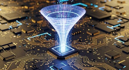 A digital funnel cascades data over a complex computer circuit board, highlighting technological processing.