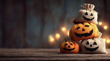 Creative and Whimsical Halloween Pumpkins Arranged with Twinkling Lights on Rustic Wooden Background