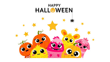 Spooky Halloween Crew: A delightful animated scene for Halloween, featuring playful monsters with charming expressions, stars, and pumpkin characters.