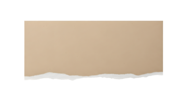 A torn piece of brown kraft paper isolated on a transparent background, showing a rough, uneven edge with a textured surface, perfect for graphic design elements and scrapbooking