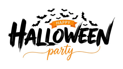 Spooky Halloween Party: A festive Halloween party design features an array of spooky bats against a backdrop of 'Happy Halloween Party', evoking a feeling of festive celebration. 
