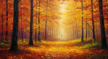 Stunning autumn forest trail with golden leaves and distant figure walking peacefully