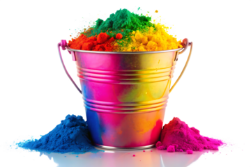 Bright bucket of colors representing happy festive tradition isolated on white background ,PNG. AI Generated