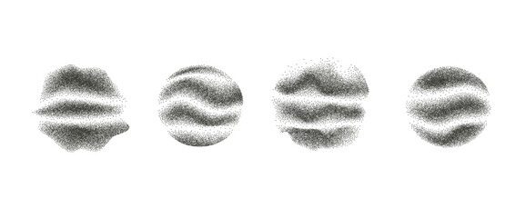 Noise etching circular and abstract element with wave lines set. Grunge irregular dotwork gradient circles. Black round halftone shapes of dots texture. Vector ink paint spray uneven rough orbs icons.