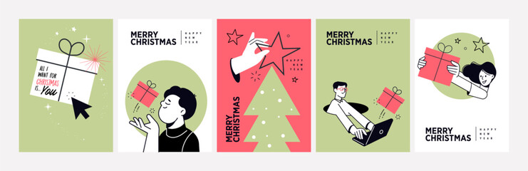 Set of Christmas and New Year Cards. Vector illustrations for greeting card, party invitation card, website banner, social media banner, marketing material.