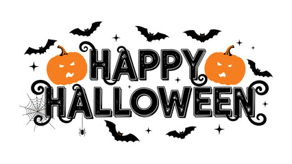 Fototapeta premium Happy Halloween: A spooky Halloween greeting, with pumpkin, spider web and flying bats on a fun illustration that shows a spooky and festive atmosphere