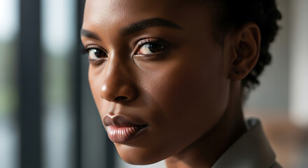 Profile portrait of a dark-skinned woman with a thoughtful expression and subtle makeup female