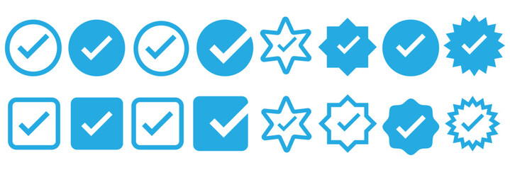 Black check mark icons set. Checkmark vector icon collection. Checked icon or correct choice sign. Check mark or checkbox pictogram. Vector illustration.