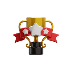 3D Rendering Glossy Golden Trophy With Red Banner And Silver Stars